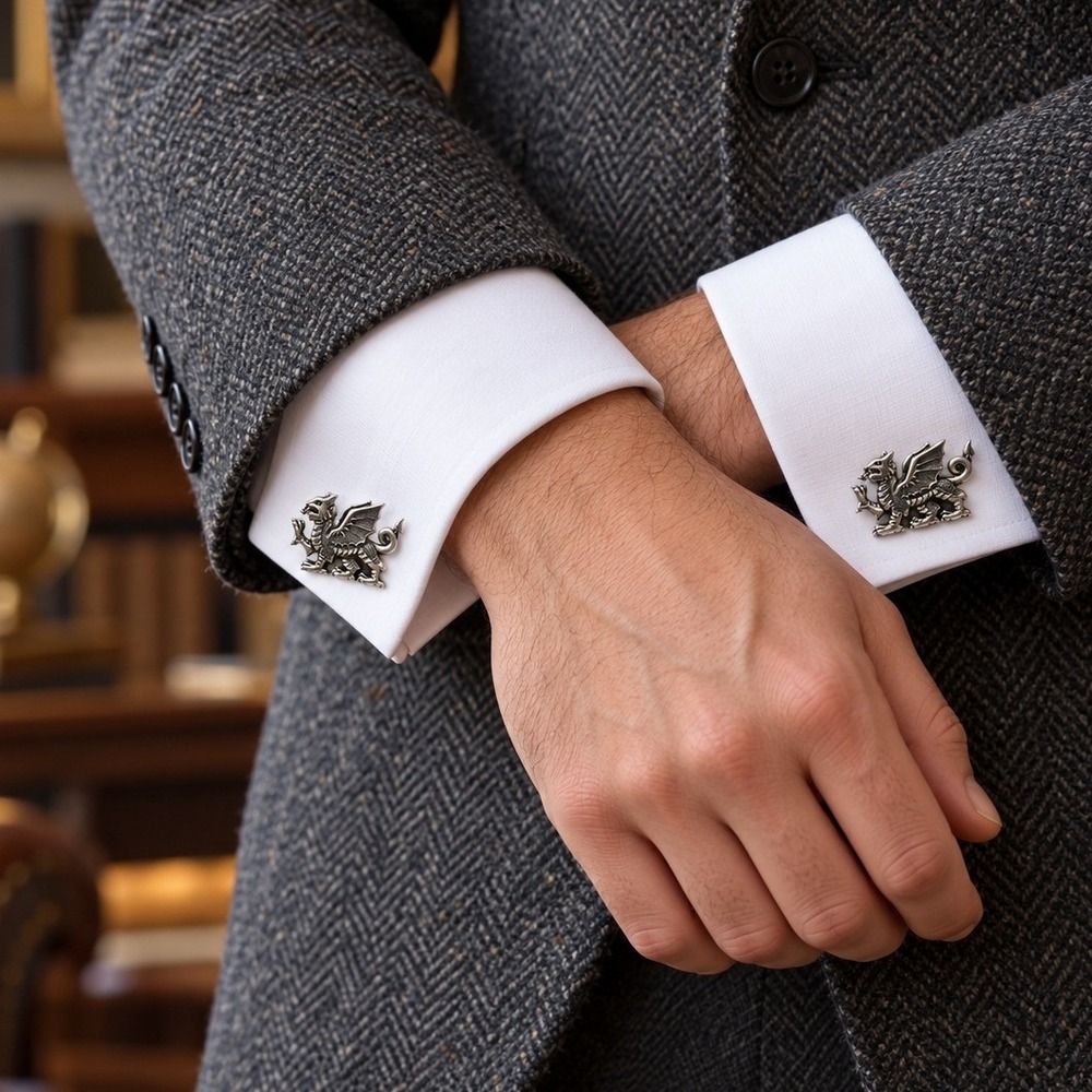 Onyx-Art London Welsh Dragon Cufflinks Silver Tone Mythical Wales Gift Boxed